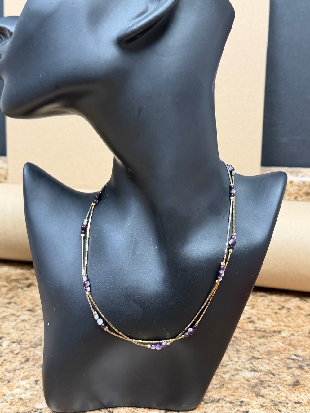Purple Bead Station Necklace 30” Gold Tone Flat Chain Korea Long Layering